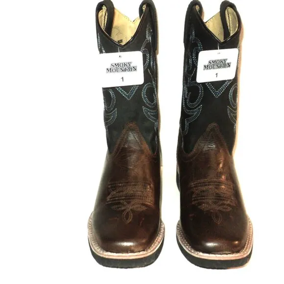 Smoky Mountain Boots Kids Sz 1 Monterey Western Boot Black, Brown Blue Stitching