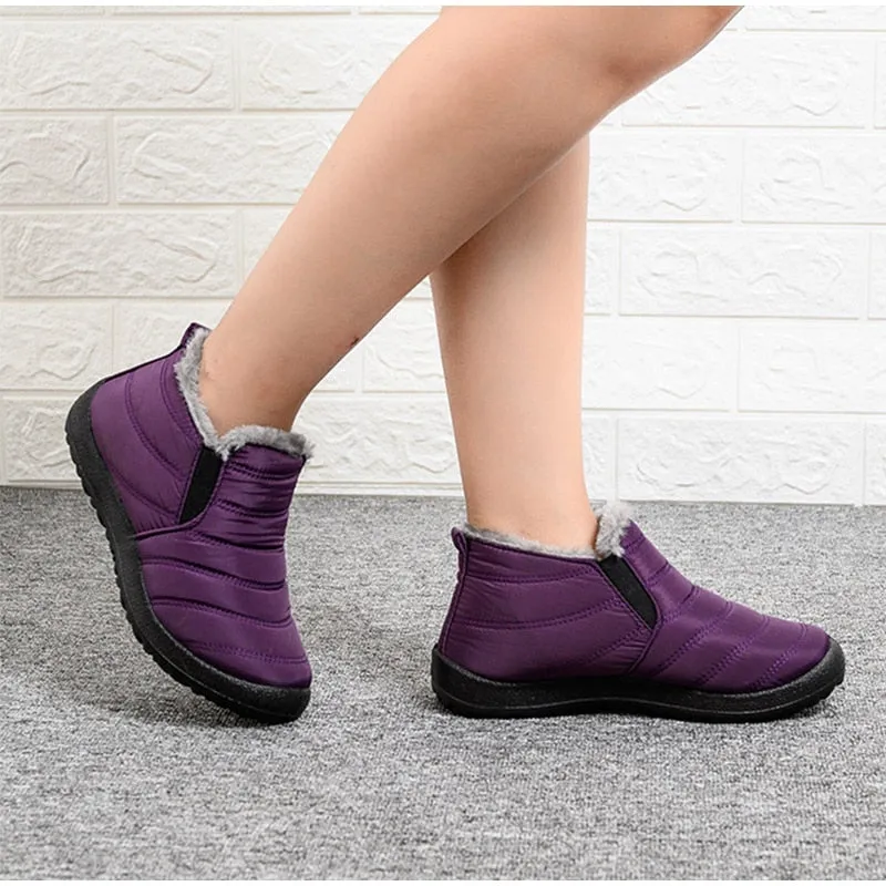 Snow Boots Women Warm Plush Fur Ankle Boots Winter Female Slip On Flat