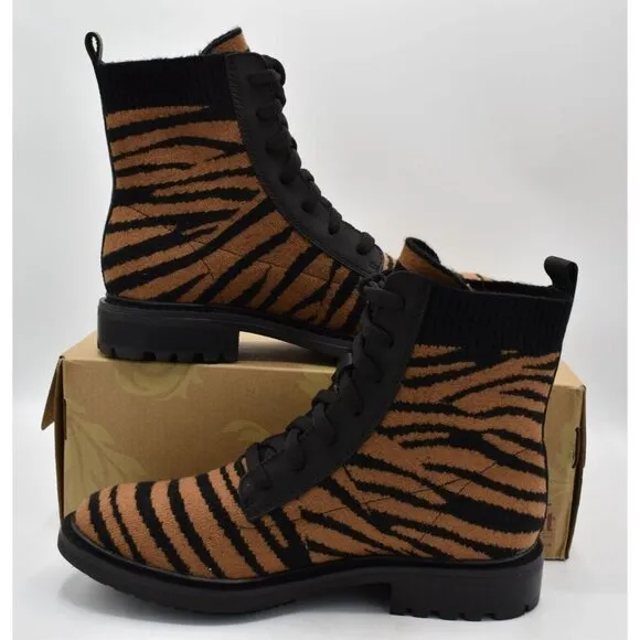 Sofft Womens Size 7.5 Landee Black Tan Tiger Lace Up Knit Combat Boots