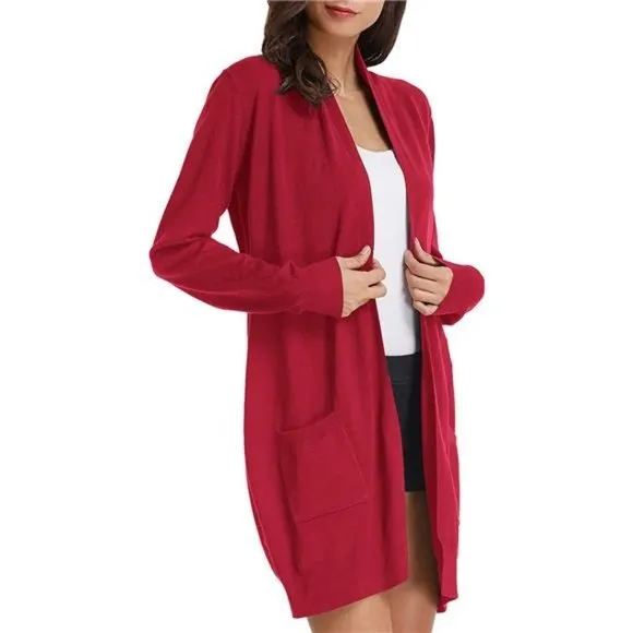 SOLID Open Front Long Knited Cardigan Sweater for Women, Bright Red