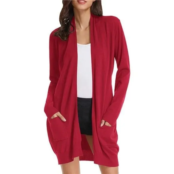 SOLID Open Front Long Knited Cardigan Sweater for Women, Bright Red