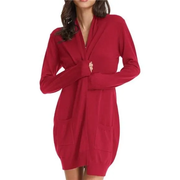 SOLID Open Front Long Knited Cardigan Sweater for Women, Bright Red