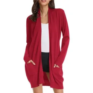 SOLID Open Front Long Knited Cardigan Sweater for Women, Bright Red