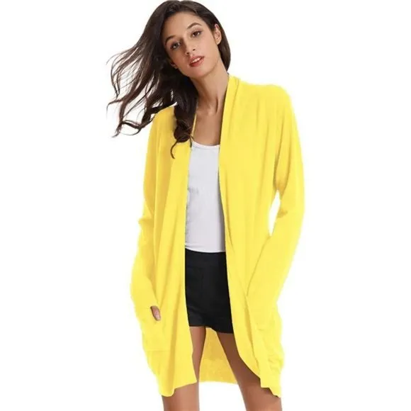 Solid Open Front Long Knited Cardigan Sweater for Women, Lemon Yellow