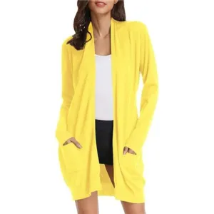 Solid Open Front Long Knited Cardigan Sweater for Women, Lemon Yellow