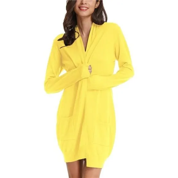 Solid Open Front Long Knited Cardigan Sweater for Women, Lemon Yellow