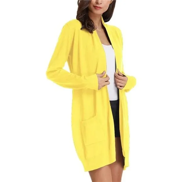 Solid Open Front Long Knited Cardigan Sweater for Women, Lemon Yellow