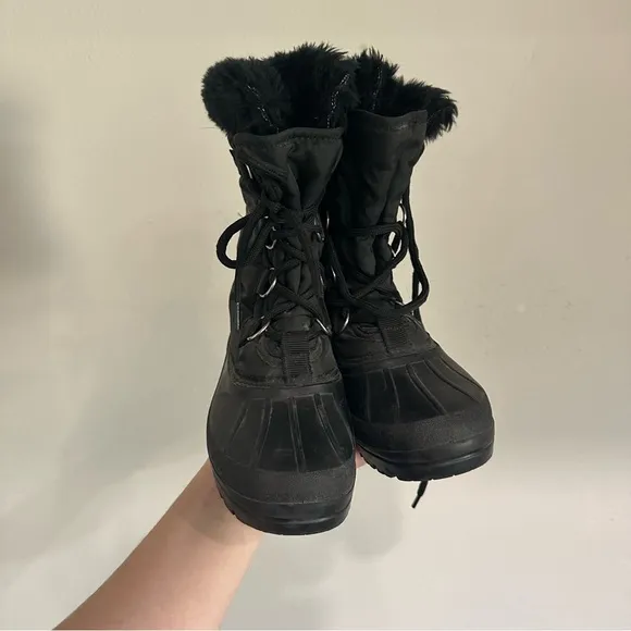 Sorel Black Winter Waterproof Nylon Fur Cuff Snow Boots