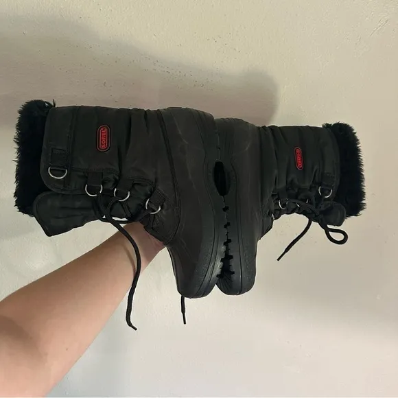 Sorel Black Winter Waterproof Nylon Fur Cuff Snow Boots