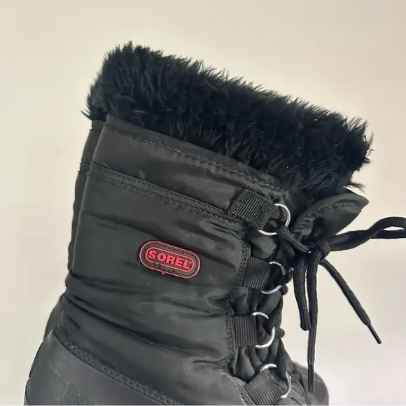 Sorel Black Winter Waterproof Nylon Fur Cuff Snow Boots