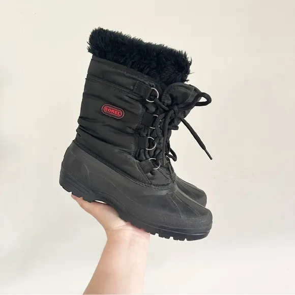 Sorel Black Winter Waterproof Nylon Fur Cuff Snow Boots