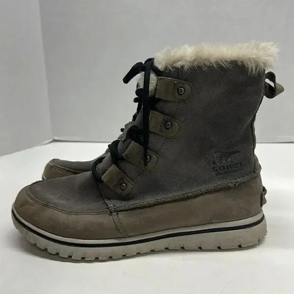 Sorel Boots Cozy Joan Lace Up Gray Faux Fur Suede Winter NL2745-052 Womens 8.5