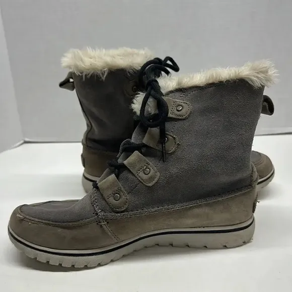 Sorel Boots Cozy Joan Lace Up Gray Faux Fur Suede Winter NL2745-052 Womens 8.5