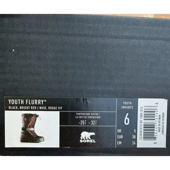 Sorel Boys Youth Size 6 Black Flurry Waterproof Insulated Snow Winter Boots