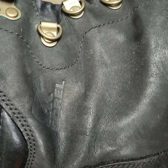 Sorel Conquest Black Leather Hidden Wedge Lace Up Boots Sz 9 Women