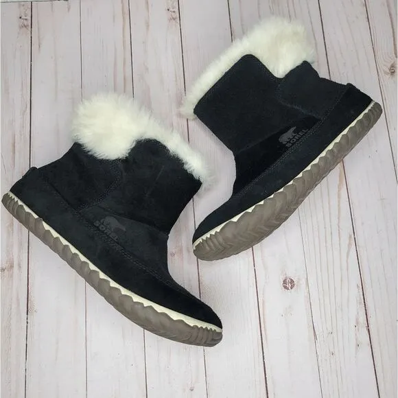 Sorel Cream Faux Fur Black Suede Out N About Winter Boots