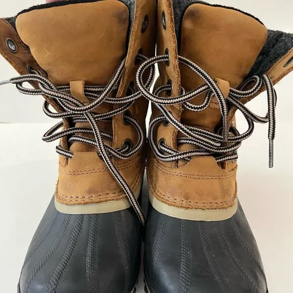 Sorel Duck Boot Size 7.5 Slimpack II Lace Up Brown Leather Gray Wool
