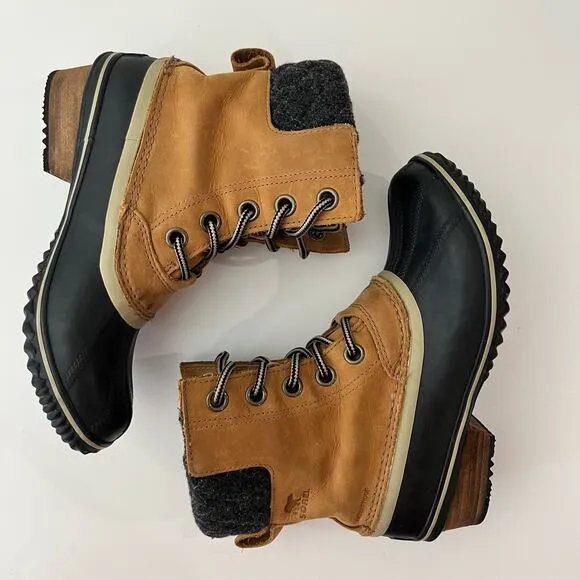 Sorel Duck Boot Size 7.5 Slimpack II Lace Up Brown Leather Gray Wool