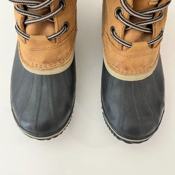 Sorel Duck Boot Size 7.5 Slimpack II Lace Up Brown Leather Gray Wool