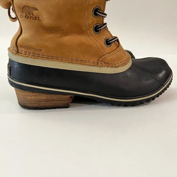 Sorel Duck Boot Size 7.5 Slimpack II Lace Up Brown Leather Gray Wool