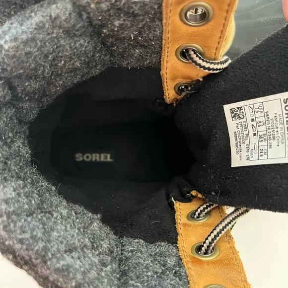 Sorel Duck Boot Size 7.5 Slimpack II Lace Up Brown Leather Gray Wool