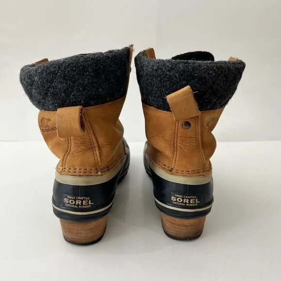 Sorel Duck Boot Size 7.5 Slimpack II Lace Up Brown Leather Gray Wool
