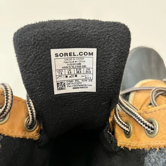 Sorel Duck Boot Size 7.5 Slimpack II Lace Up Brown Leather Gray Wool