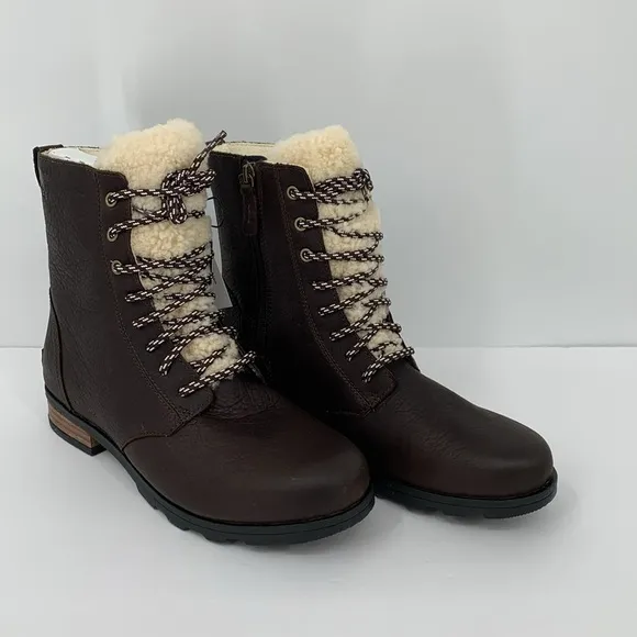 Sorel Emelie Short Lace Cozy Boots brown leather shearling winter waterproof 9