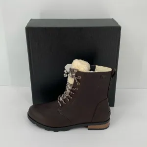 Sorel Emelie Short Lace Cozy Boots brown leather shearling winter waterproof 9