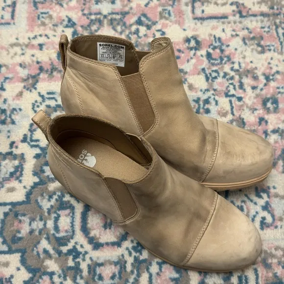 Sorel Evie Leather Ankle Boots In Canoe Sea Salt Size 9.5 Winter Outdoor Classic