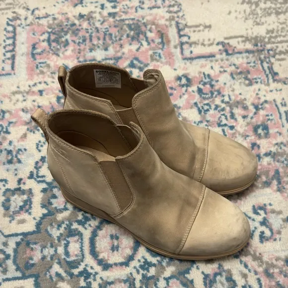 Sorel Evie Leather Ankle Boots In Canoe Sea Salt Size 9.5 Winter Outdoor Classic