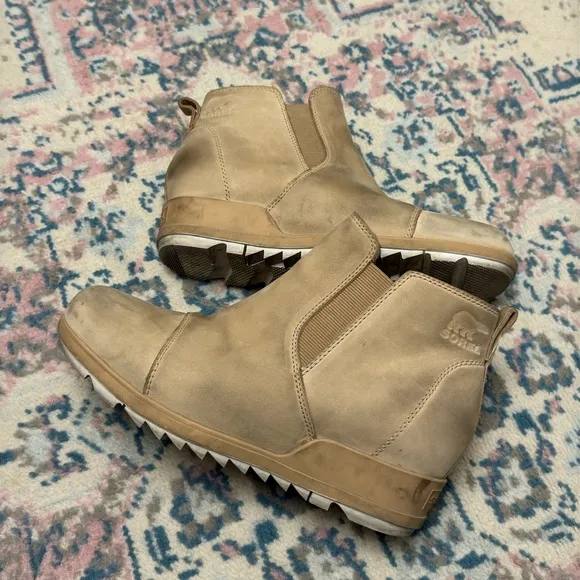 Sorel Evie Leather Ankle Boots In Canoe Sea Salt Size 9.5 Winter Outdoor Classic