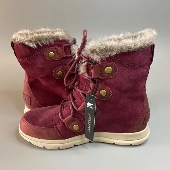 Sorel Joan Explorer Winter Boots Rich Wine Maroon Faux Fur 6.5 NEW
