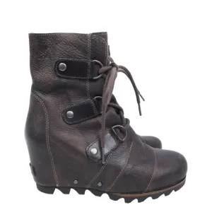 Sorel Joan of Arctic Wedge Mid Waterproof Leather Boots Grill Black Brown Sz 6.5