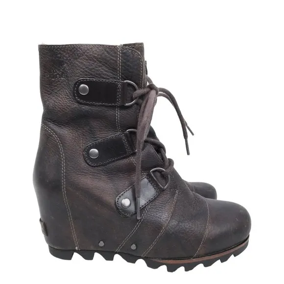 Sorel Joan of Arctic Wedge Mid Waterproof Leather Boots Grill Black Brown Sz 6.5