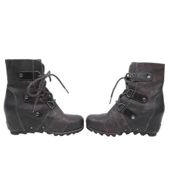 Sorel Joan of Arctic Wedge Mid Waterproof Leather Boots Grill Black Brown Sz 6.5