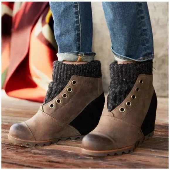 Sorel Joanie Sweater Wedge Ankle Bootie Leather Boots Waterproofr