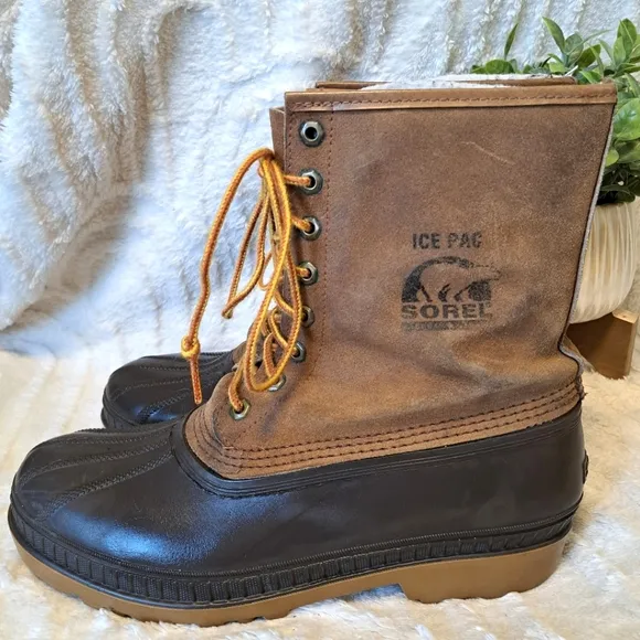 Sorel Kaufman Ice Pac Brown Leather Winter Snow Boots Wool Liner Canada Size 10