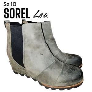 SOREL LEA Sz 10 Distressed Olive Green Leather Outdoor Snow Wedge Ankle Boots