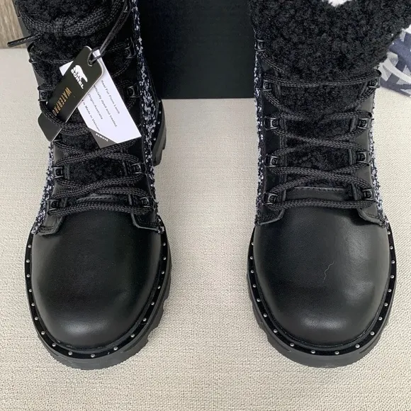 SOREL ❤️NEW Waterproof Lace Up Cozy Black Leather Moto Rain Winter Boots 8 8.5 9