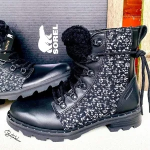 SOREL ❤️NEW Waterproof Lace Up Cozy Black Leather Moto Rain Winter Boots 8 8.5 9