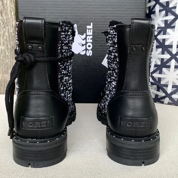 SOREL NEW Waterproof Lace Up Cozy Black Leather Moto Rain Winter Combat Boots