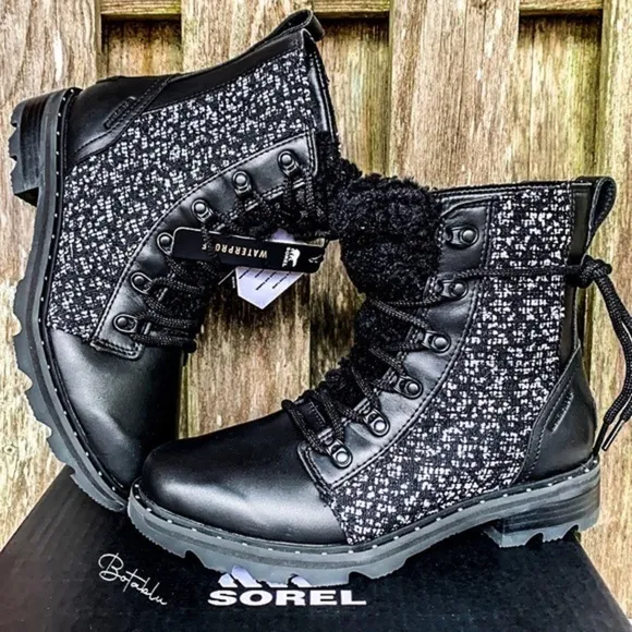 SOREL NEW Waterproof Lace Up Cozy Black Leather Moto Rain Winter Combat Boots