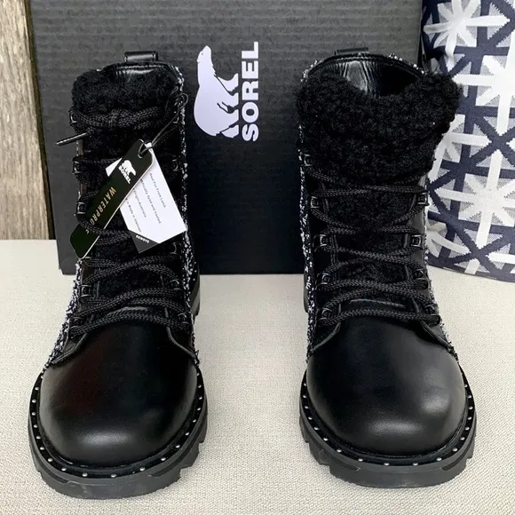 SOREL NEW Waterproof Lace Up Cozy Black Leather Moto Rain Winter Combat Boots