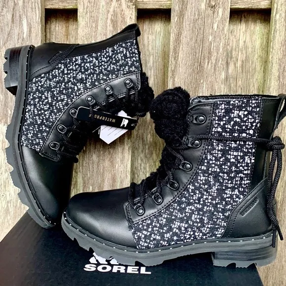 SOREL NEW Waterproof Lace Up Cozy Black Leather Moto Rain Winter Combat Boots