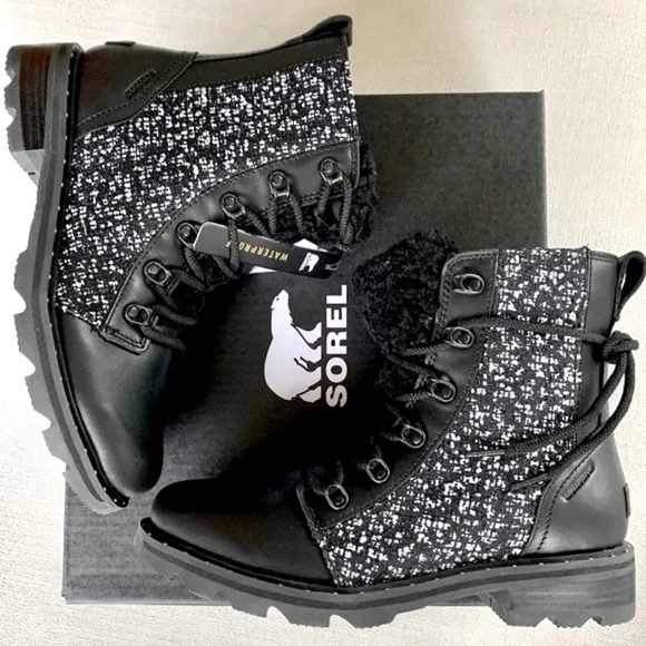 SOREL NEW Waterproof Lace Up Cozy Black Leather Moto Rain Winter Combat Boots