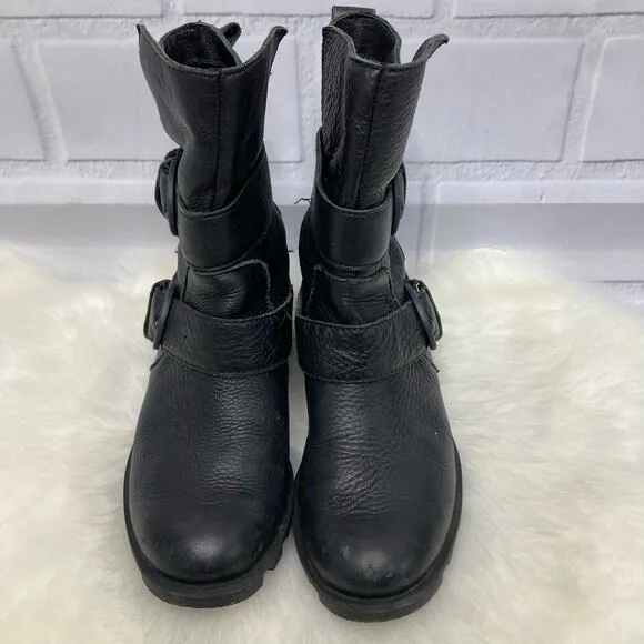 Sorel Phoenix Pebble Cowhide Leather Edgy Buckled Moto Boots USA 5/ EUR 36