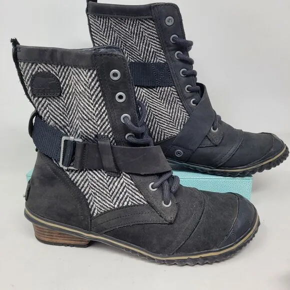 Sorel Slimboot Herringbone Blk Lace Waterproof Boots NL2153-010 Women Sz 8.5 EUC