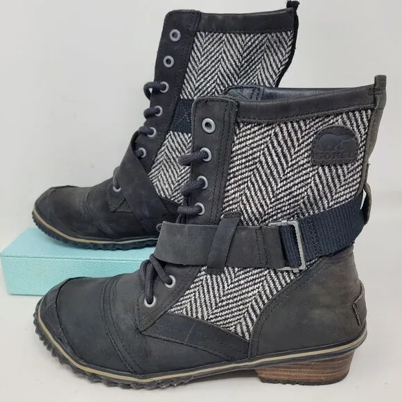 Sorel Slimboot Herringbone Blk Lace Waterproof Boots NL2153-010 Women Sz 8.5 EUC