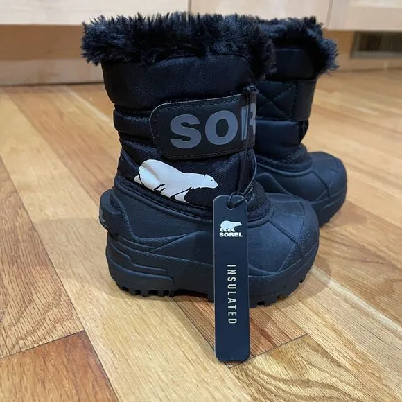 SOREL Snow Commander Toddler Boots Size 4 Black Faux Fur Winter NEW NO BOX